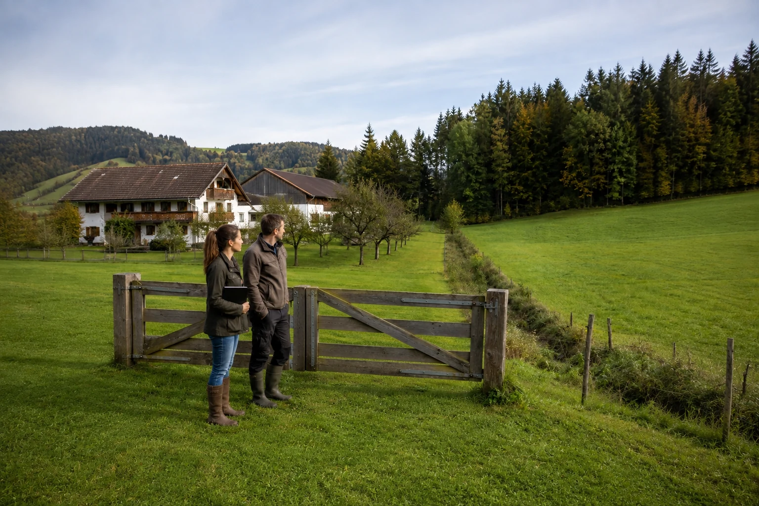 Landwirte betrachten Grünland und Wald neben ihrem österreichischen Hof