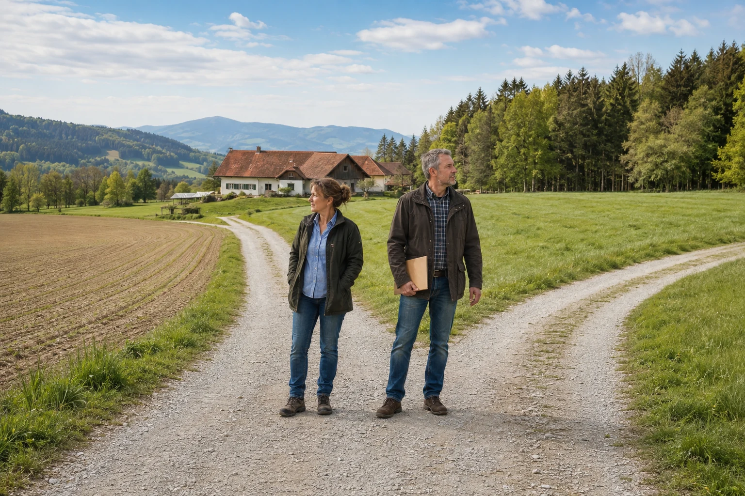 Geschwister betrachten österreichischen Agrargrund an einer Wegteilung