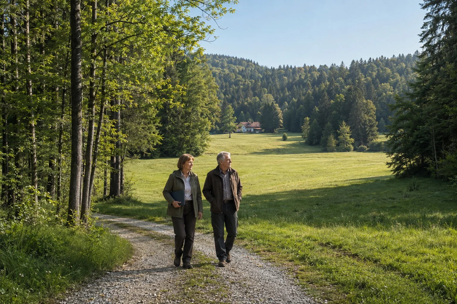 Eigentümer betrachten eine Wiese am österreichischen Waldrand